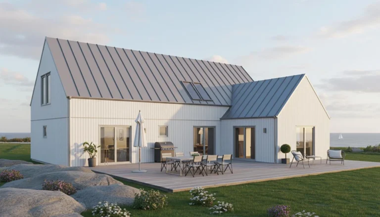 Modernt hus i vitt vid havet