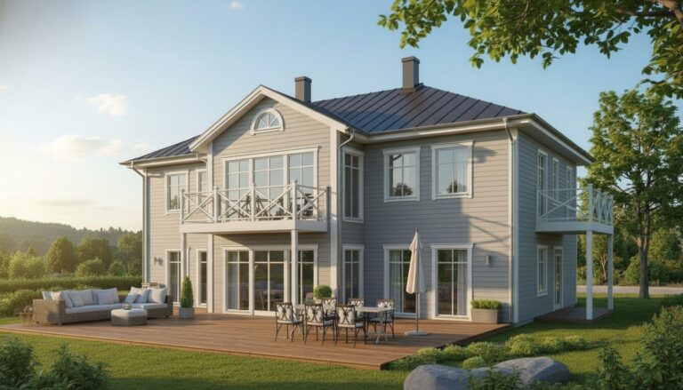 Grått hus med vita knutar
