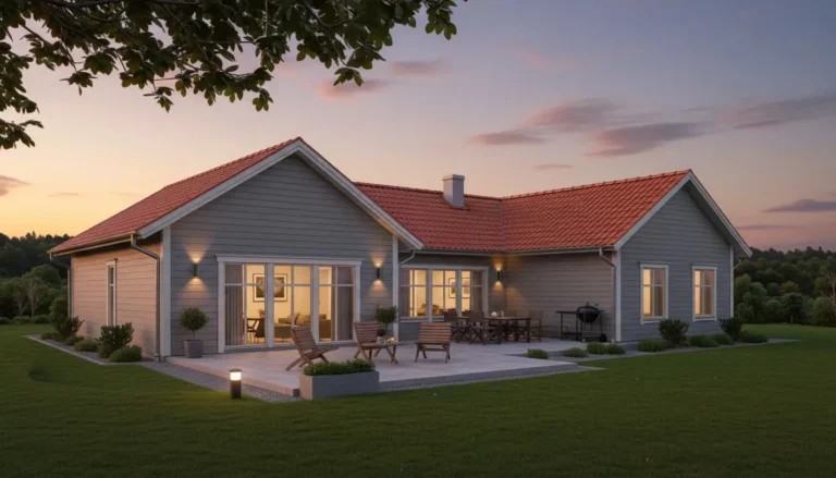 Grått hus med vita knutar