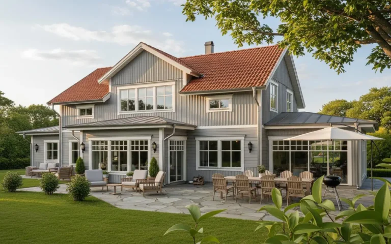 Grått hus med vita knutar