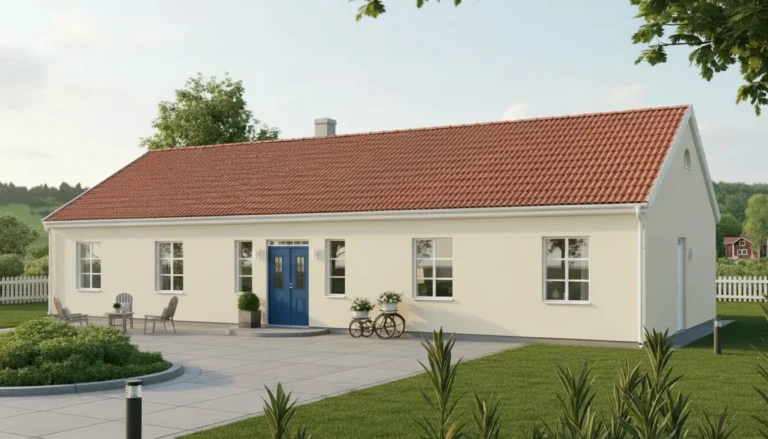 Naturvitt hus med blå dörr