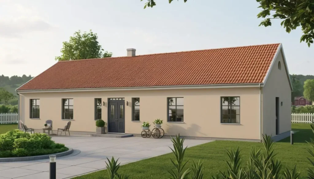 Beige hus med svart dörr