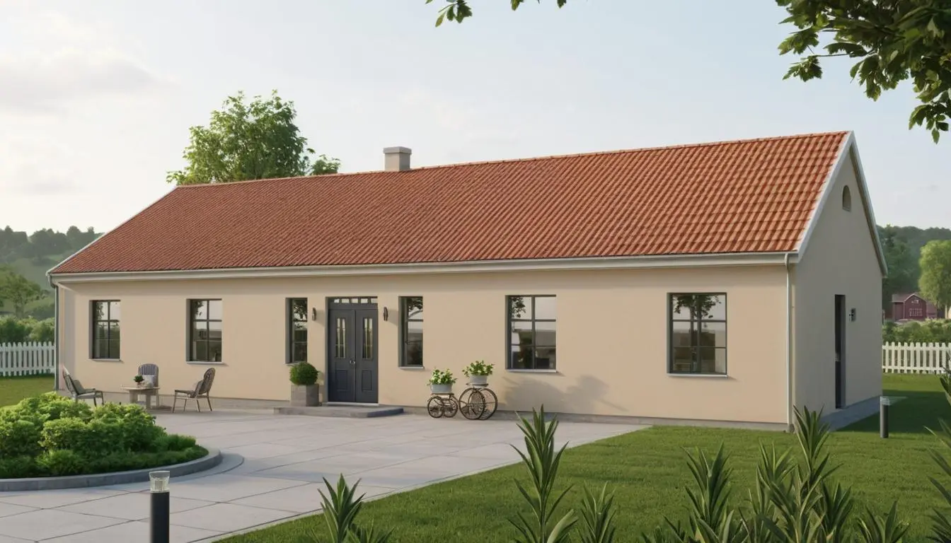 Beige hus med svart dörr